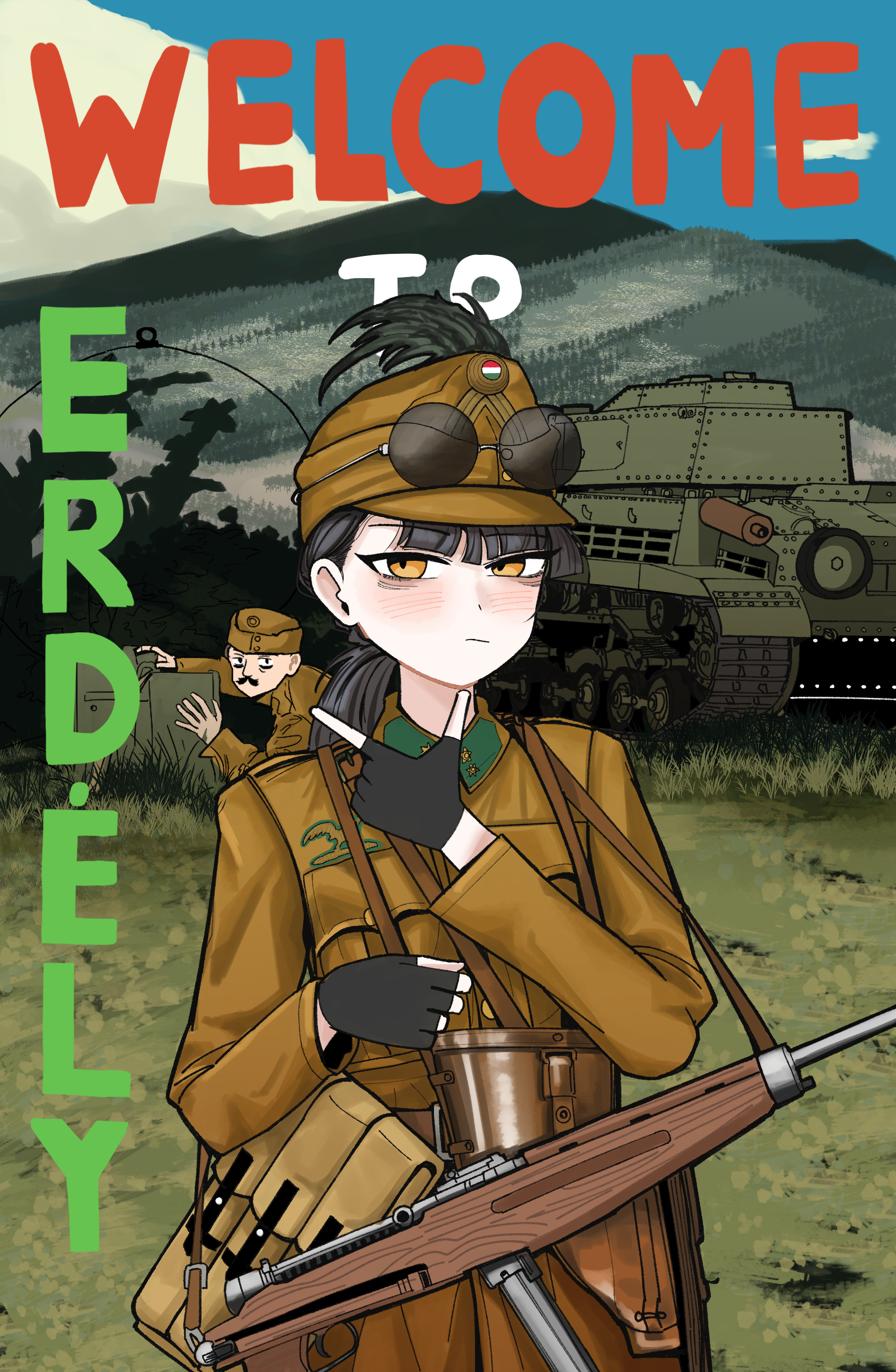 gulyas, original, highres, 1boy, 1girl, 40m turan, black hair, blue sky, caterpillar tracks, cloud, cockade, danuvia 43m, english text, frown, grass, gun, gun sling, hat, hat feather, holster, hungarian army, hungarian flag, hungarian text, hungary, kepi, light blush, light brown jacket, looking at viewer, military hat, military uniform, military vehicle, motor vehicle, mountainous horizon, pointing, ponytail, round eyewear, sky, submachine gun, sunglasses, sunglasses on hat, sunglasses on head, tank, weapon, world war ii, yellow eyes