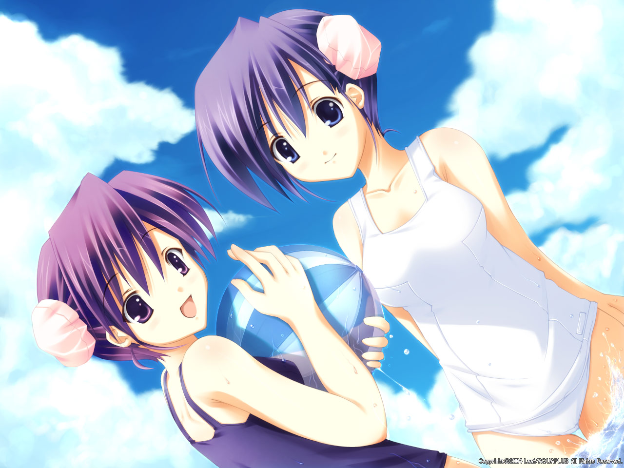 himeyuri ruri, himeyuri sango, to heart (series), to heart 2, official art, official wallpaper, 00s, 2girls, ball, beach, beachball, bun cover, cloud, day, double bun, hair bun, multiple girls, one-piece swimsuit, outdoors, purple one-piece swimsuit, purple school swimsuit, school swimsuit, siblings, sisters, sky, swimsuit, twins, wading, water drop, white one-piece swimsuit, white school swimsuit