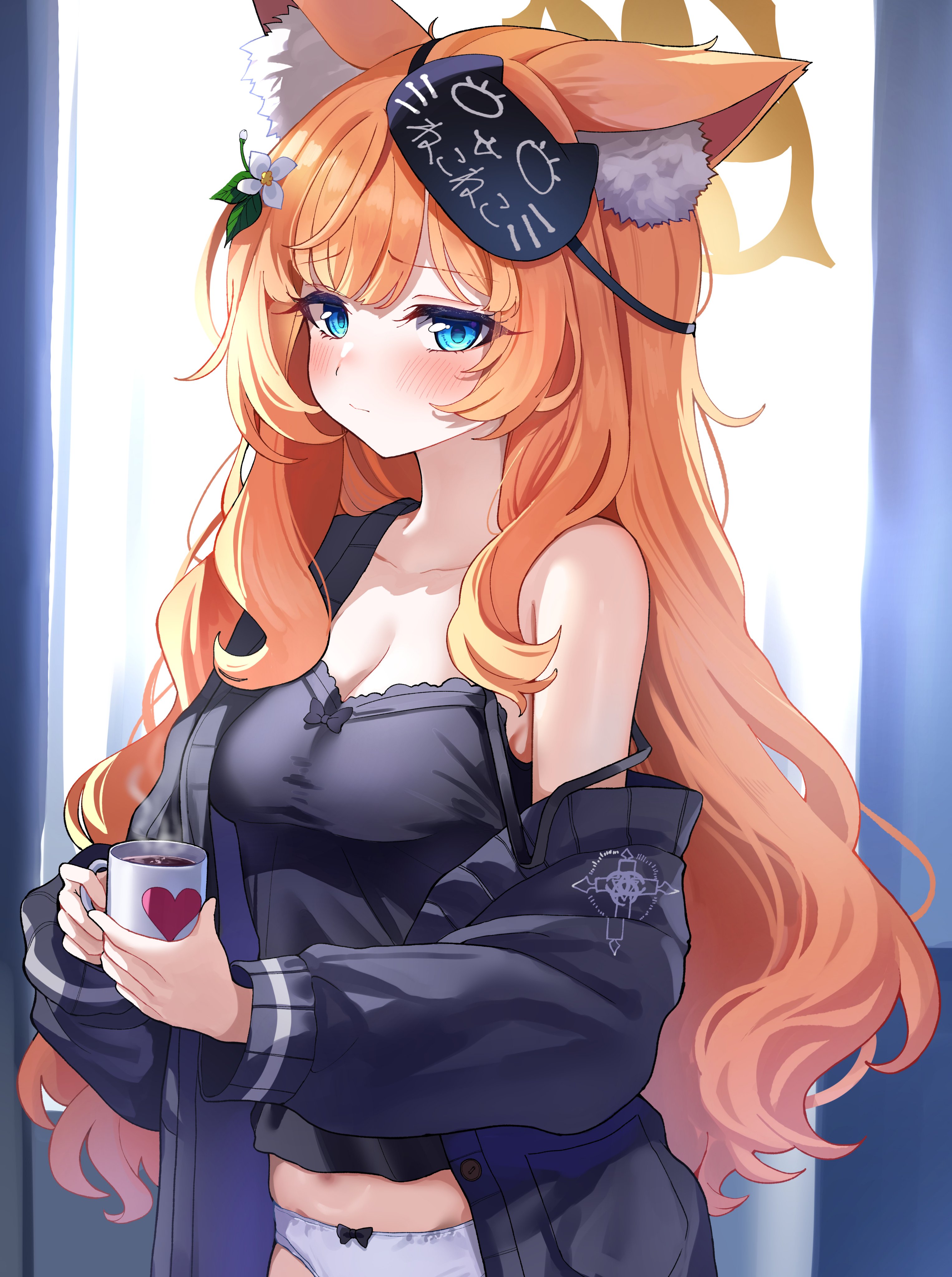 sak (lemondisk), mari (blue archive), blue archive, absurdres, commentary, highres, symbol-only commentary, 1girl, alternate costume, animal ear fluff, animal ears, bare shoulders, black camisole, black jacket, blue eyes, blush, bow, bow panties, breasts, camisole, cat ears, cat girl, cleavage, closed mouth, coffee mug, cup, halo, holding, holding cup, jacket, long hair, looking at viewer, mask, mask on head, medium breasts, mug, no pants, orange hair, panties, single bare shoulder, single ear down, single off shoulder, sleep mask, solo, underwear, white panties, yellow halo
