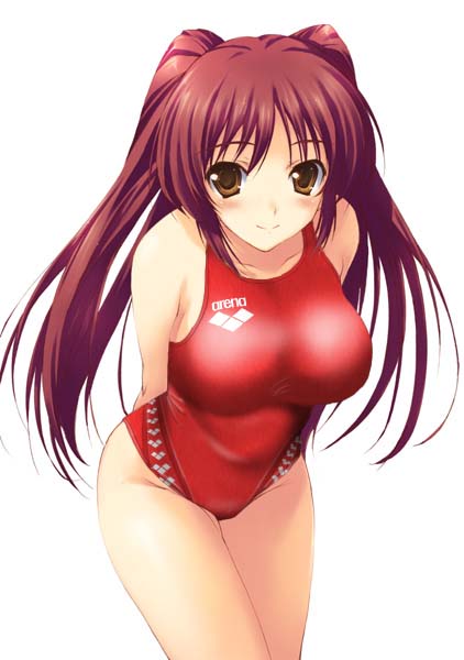 tomose shunsaku, kousaka tamaki, arena (company), to heart (series), to heart 2, jpeg artifacts, third-party edit, 00s, 1girl, arms behind back, blush, breasts, brown eyes, cleavage, closed mouth, collarbone, competition swimsuit, cowboy shot, emblem, female focus, groin, hip focus, large breasts, leaning forward, legs together, light smile, long hair, looking at viewer, one-piece swimsuit, parted bangs, red hair, red one-piece swimsuit, sideboob, sidelocks, simple background, smile, solo, standing, straight hair, swimsuit, twintails, very long hair, white background