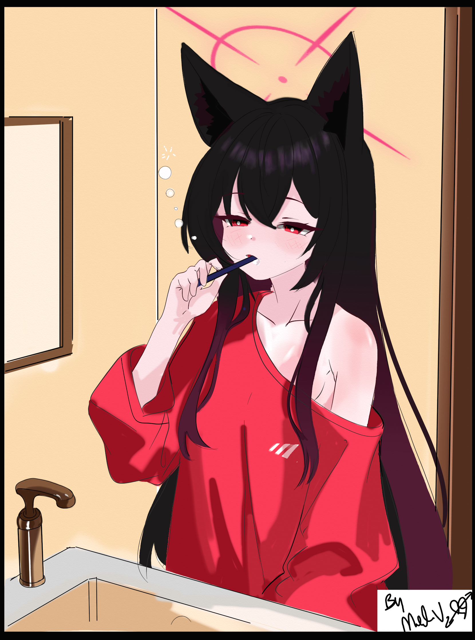 melissa v2, yukino (blue archive), blue archive, highres, 1girl, alternate costume, black hair, blush, breasts, brushing teeth, hair between eyes, halo, holding, holding toothbrush, long hair, red eyes, red halo, red shirt, shirt, sidelocks, single bare shoulder, solo, toothbrush