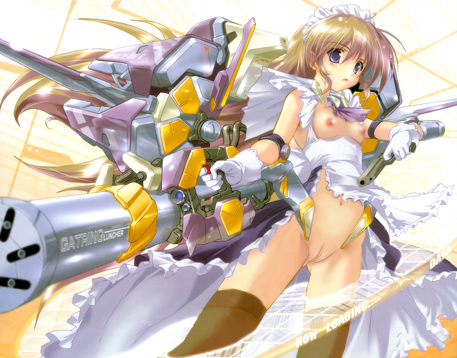 komatsu eiji, gundam, highres, nude filter, third-party edit, 1girl, breasts, clitoris, dual wielding, english text, engrish text, female focus, framed breasts, gatling gun, gun, handgun, holding, maid, mecha, mecha musume, medium breasts, nipples, no panties, nude, pistol, pussy, ranguage, robot, solo, thighhighs, uncensored, weapon