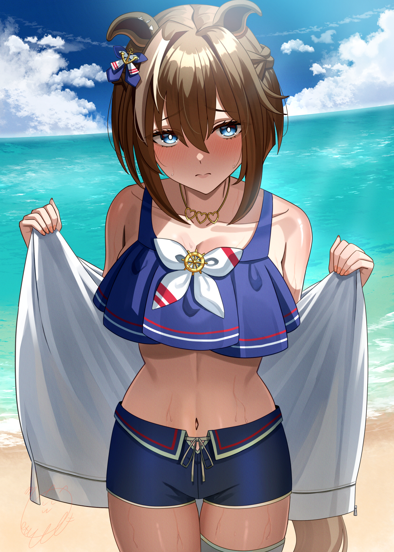 motusii, cheval grand (summer calm navy drop) (umamusume), cheval grand (umamusume), umamusume, highres, 1girl, anchor hair ornament, animal ears, bare shoulders, bikini, bikini shorts, blue bikini, blue eyes, blue swim trunks, blush, bright pupils, brown hair, closed mouth, collarbone, ear ornament, hair between eyes, hair ornament, horse ears, horse girl, horse tail, looking at viewer, official alternate costume, opened by self, short hair, shorts, solo, swimsuit, tail, thighs, white pupils, white streaks
