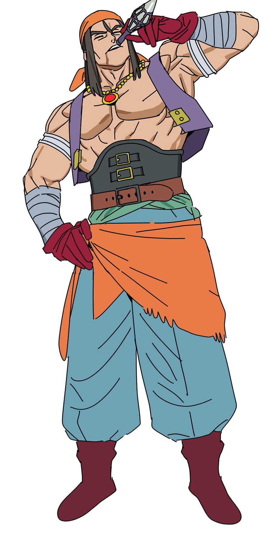 imamura ryou, dragon quest, dragon quest xi, highres, 1boy, bandana, drink, medium hair, muscular, muscular male, simple background, vince (dq11), white background