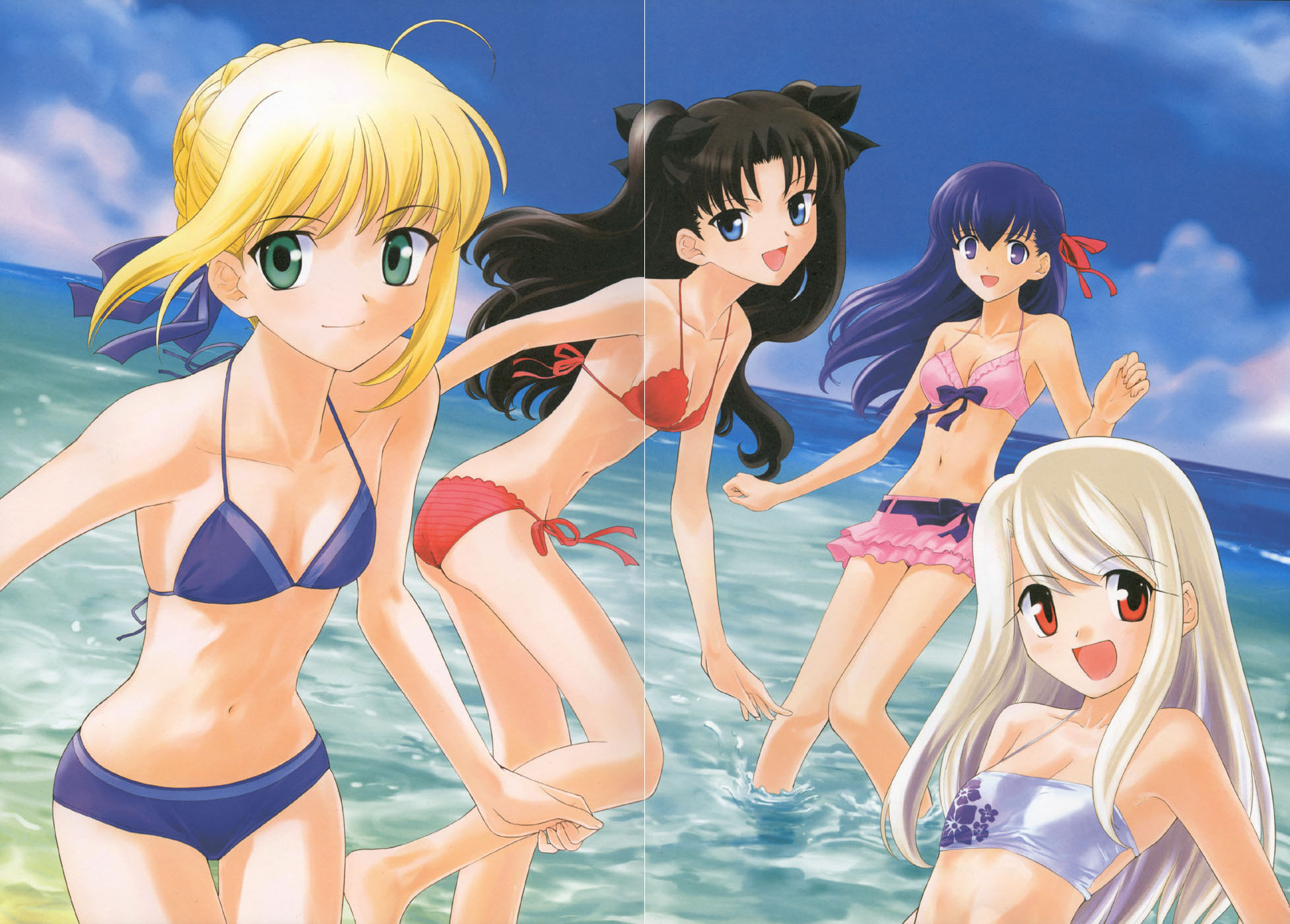 illyasviel von einzbern, matou sakura, saber (fate), tohsaka rin, fate/stay night, fate (series), silver hair, highres, 4girls, ahoge, barefoot, beach, bikini, black hair, blonde hair, blue eyes, crease, feet, green eyes, long hair, multiple girls, purple eyes, purple hair, red eyes, ribbon, side-tie bikini bottom, sky, smile, string bikini, swimsuit, water