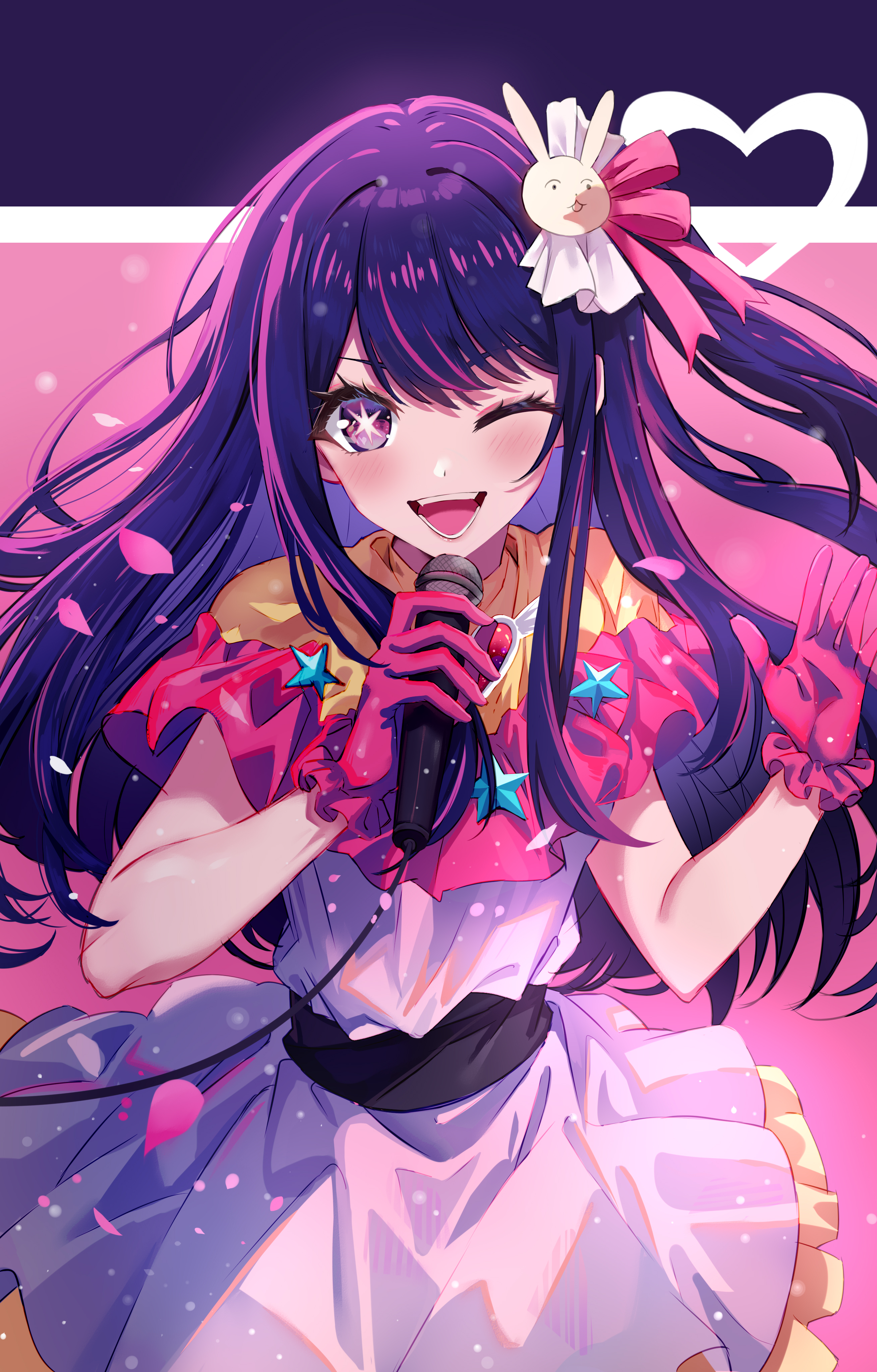 alaya0130, hoshino ai, oshi no ko, absurdres, commentary, highres, 1girl, ;d, blush, cowboy shot, dress, eyebrows hidden by hair, eyelashes, falling petals, floating hair, frilled dress, frilled gloves, frills, gloves, hair ornament, hair ribbon, hands up, happy, heart, holding, holding microphone, idol, idol clothes, long hair, looking at viewer, microphone, one eye closed, one side up, open mouth, petals, pink background, pink dress, pink gloves, pink ribbon, purple eyes, purple hair, rabbit hair ornament, ribbon, sidelocks, simple background, smile, solo, star-shaped pupils, star (symbol), star ornament, straight hair, swept bangs, symbol-shaped pupils, teeth, v-shaped eyebrows, very long hair
