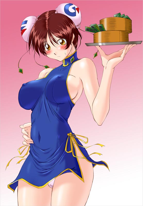 mita kurumi, gigabyko, ram, os-tan, 1girl, bamboo steamer, blush, breasts, brown eyes, brown hair, bun cover, cameltoe, china dress, chinese clothes, covered erect nipples, double bun, dress, embarrassed, female focus, hair bun, hand on own hip, hip focus, impossible clothes, impossible dress, large breasts, looking down, no bra, panties, pantyshot, ram (computer), ribbon, short dress, short hair, sideboob, skin tight, solo, standing, sweatdrop, tray, turtleneck, underwear, waitress, white panties, yellow eyes