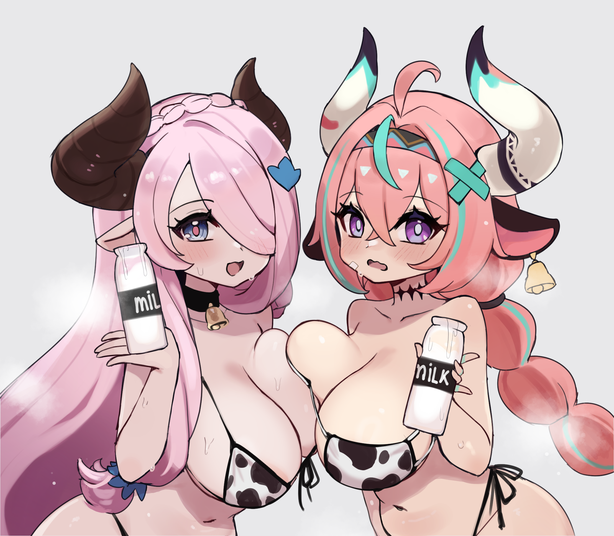 biyon tran, narmaya (granblue fantasy), varesa (genshin impact), genshin impact, granblue fantasy, highres, 2girls, ahoge, animal ears, animal print, aqua streaks, bandaid, bandaid on face, bell, bikini, blue eyes, blush, bottle, braid, breast press, breasts, cleavage, cow ears, cow girl, cow horns, cow print, cow print bikini, cowbell, demon horns, embarrassed, hair ornament, hair over one eye, holding, holding bottle, horns, large breasts, leaning forward, long hair, looking at viewer, milk, milk bottle, multicolored hair, multiple girls, navel, open mouth, pink hair, pointy ears, print bikini, purple eyes, simple background, smile, string bikini, swimsuit, very long hair, wet, white background