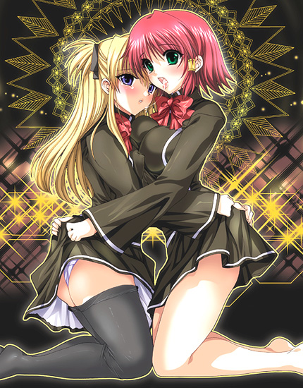 fantasy wind, shinano yura, ruquia, shalon, quiz magic academy, ass grab, 2girls, ass, bare legs, barefoot, black thighhighs, blonde hair, blue eyes, blush, breast press, breasts, clothes lift, cum, cum in mouth, cum on tongue, cum string, female focus, green eyes, kneeling, large breasts, long hair, medium breasts, miniskirt, multiple girls, panties, pink hair, purple eyes, red hair, saliva, saliva trail, school uniform, serafuku, short hair, skirt, skirt lift, suggestive fluid, symmetrical docking, tears, thighhighs, underwear, white panties, yuri