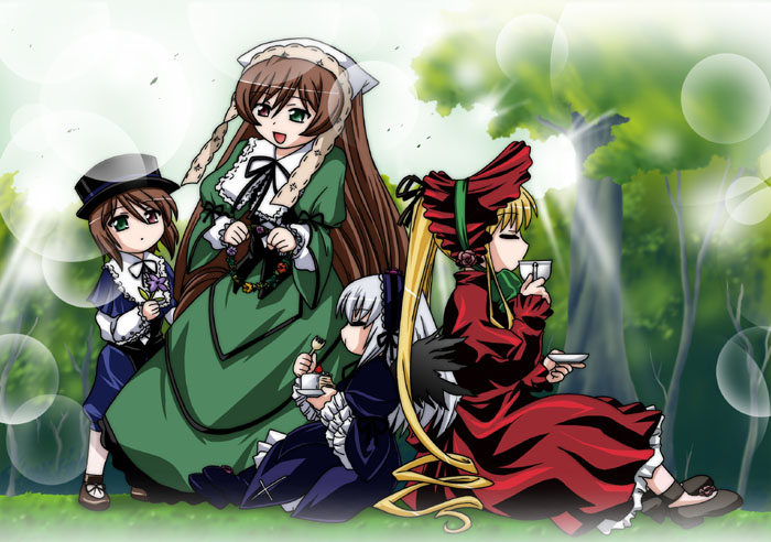 steed (steed enterprise), shinku, souseiseki, suigintou, suiseiseki, rozen maiden, 00s, 4girls, blonde hair, headscarf, heterochromia, long hair, multiple girls, siblings, sisters, tea, twins, very long hair, white headscarf