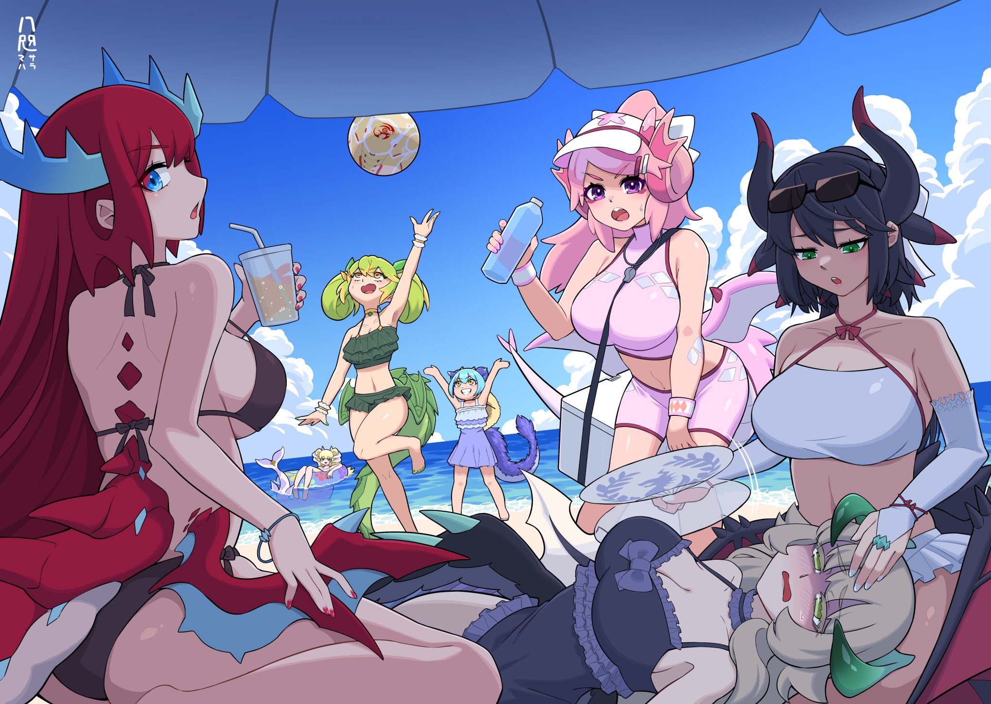 yata masahara, chamber dragonmaid, house dragonmaid, kitchen dragonmaid, lady's dragonmaid, laundry dragonmaid, nurse dragonmaid, parlor dragonmaid, yu-gi-oh!, highres, 6+girls, alternate costume, armpits, arms up, ball, bare legs, bare shoulders, beach umbrella, beachball, bikini, black bikini, black hair, blonde hair, blue eyes, blue hair, blue one-piece swimsuit, blush, bottle, bracelet, breasts, cleavage, collarbone, cup, disposable cup, dragon girl, dragon horns, dragon tail, dragon wings, drinking straw, duel monster, eyewear on head, frilled bikini, frilled bikini top, frills, green bikini, green eyes, green hair, grey hair, hand fan, heat stroke, holding, holding bottle, holding cup, holding fan, horns, jewelry, lap pillow, large breasts, long hair, looking at another, looking at viewer, looking back, medium breasts, multiple girls, navel, one-piece swimsuit, open mouth, orange eyes, pink bikini, pink hair, ponytail, red hair, red nails, smile, stomach, sweat, swim ring, swimsuit, tail, umbrella, visor cap, white bikini, white nails, wings, yellow eyes