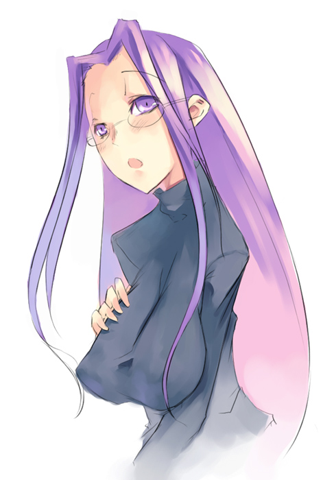 mikage sekizai, medusa (fate), medusa (rider) (fate), fate/stay night, fate (series), 00s, 1girl, blush, breasts, covered erect nipples, female focus, glasses, large breasts, long hair, official alternate costume, open mouth, purple eyes, purple hair, simple background, solo, turtleneck, upper body, very long hair, white background
