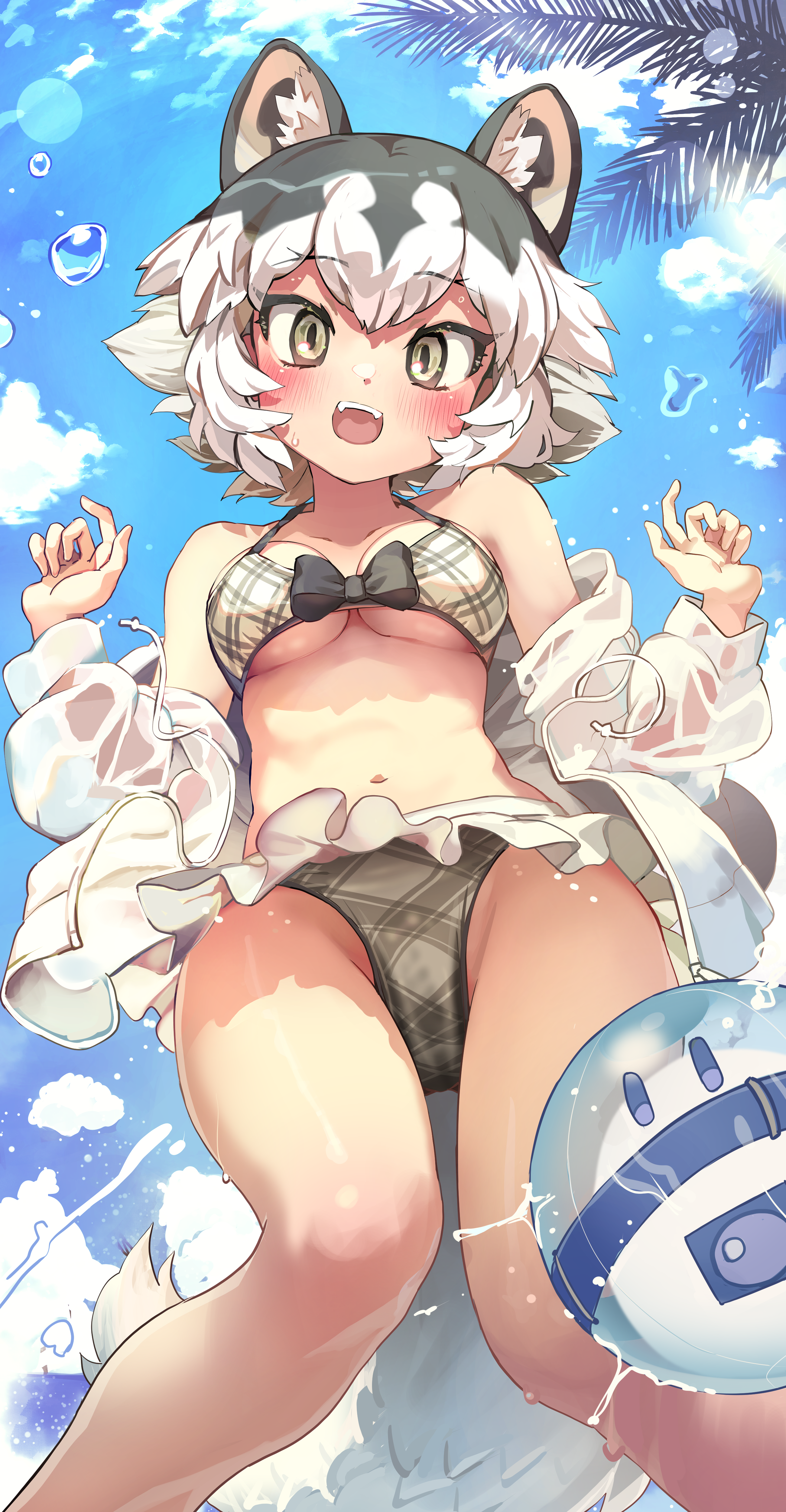 melaton, eastern wolf (kemono friends), lucky beast (kemono friends), kemono friends, absurdres, commentary, highres, 1girl, :d, animal ear fluff, animal ears, ball, bare legs, bare shoulders, beachball, bikini, black hair, blue sky, blush, bow, bow bikini, breasts, cloud, day, drawstring, fangs, from below, jacket, knees together feet apart, long sleeves, looking at viewer, looking down, medium breasts, miniskirt, multicolored hair, navel, off shoulder, open clothes, open jacket, open mouth, outdoors, palm tree, plaid bikini, plaid clothes, puffy long sleeves, puffy sleeves, short hair, skirt, sky, slit pupils, smile, solo, stomach, swimsuit, teeth, tree, two-tone hair, upper teeth only, water drop, white hair, white jacket, white skirt, wolf ears, wolf girl