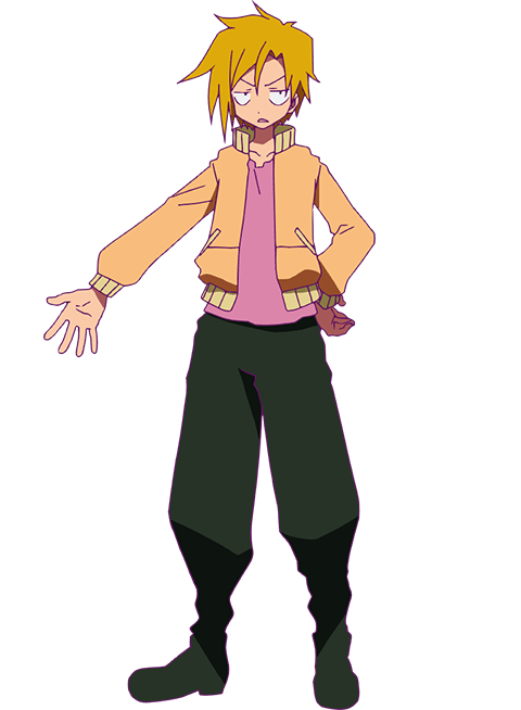 ootsu nao, hayato (heion sedai no idaten-tachi), heion sedai no idaten-tachi, official art, 1boy, anime coloring, black boots, black pants, blonde hair, boots, collarbone, curtained hair, full body, hand on own hip, jacket, long sleeves, looking to the side, open clothes, open hand, open mouth, orange jacket, outstretched arm, palms, pants, parted lips, pink shirt, shirt, shoes, short hair, simple background, solo, spiked hair, spread fingers, standing, t-shirt, transparent background, untucked shirt, v-shaped eyebrows