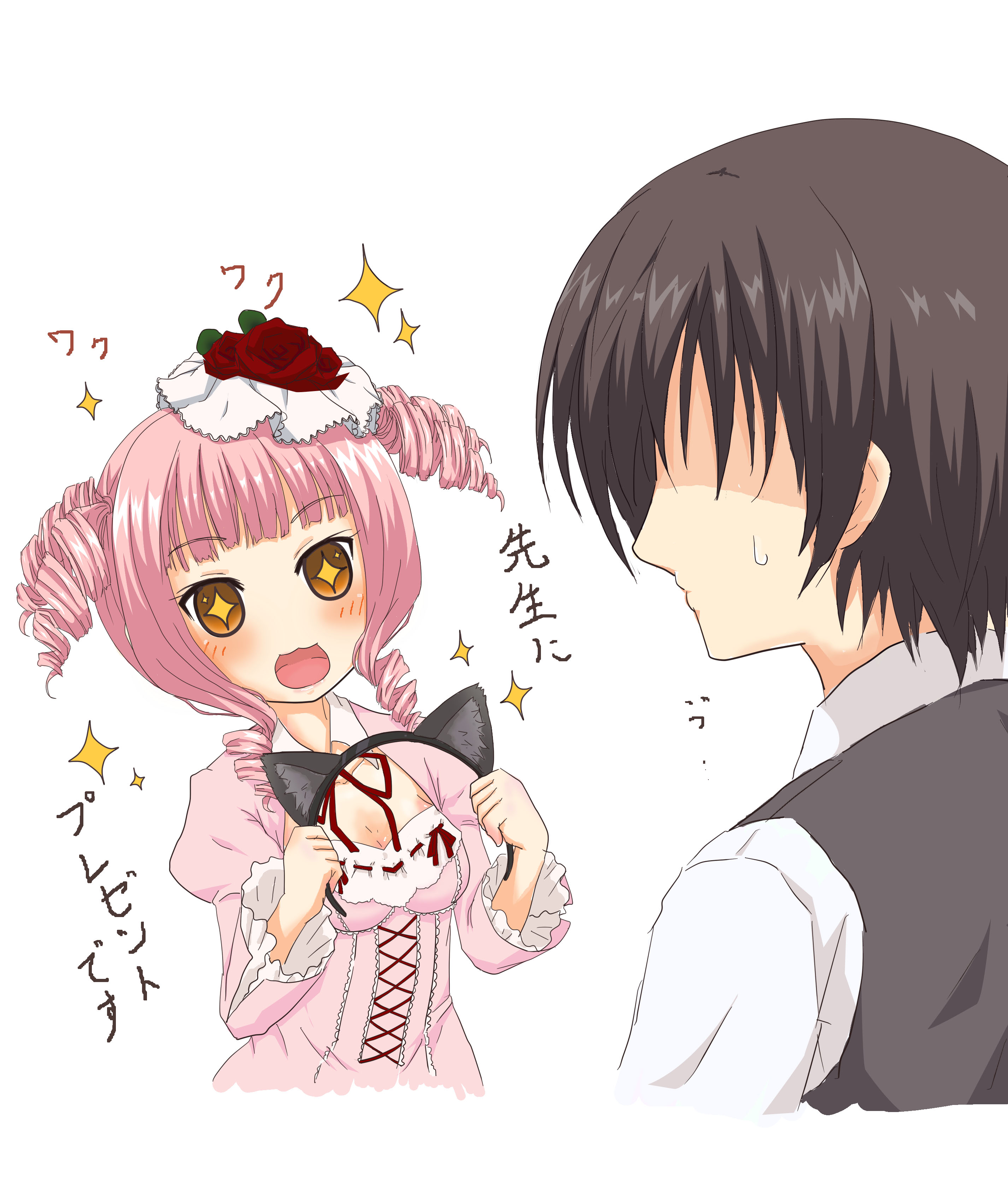 karukan (karukann), francesca palamidi, amairo islenauts, absurdres, commentary request, highres, translated, + +, 1boy, 1girl, :3, :d, animal ear fluff, animal ear hairband, animal ears, black hair, blunt bangs, blush, breasts, brown eyes, cat ears, cleavage, cropped torso, dress, drill hair, excited, faceless, faceless male, fake animal ears, flower, frilled sleeves, frills, hair flower, hair ornament, hairband, holding hairband, juliet sleeves, long sleeves, looking at another, medium breasts, medium hair, open mouth, pink dress, pink hair, puffy sleeves, red flower, red rose, rose, short hair, simple background, smile, sound effects, sparkle, sweatdrop, twin drills, upper body, white background, wide sleeves