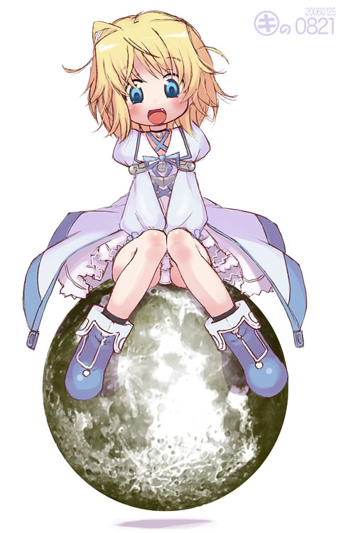 kei jiei, original, 1girl, blonde hair, blue eyes, fang, female focus, full moon, moon, short hair, solo