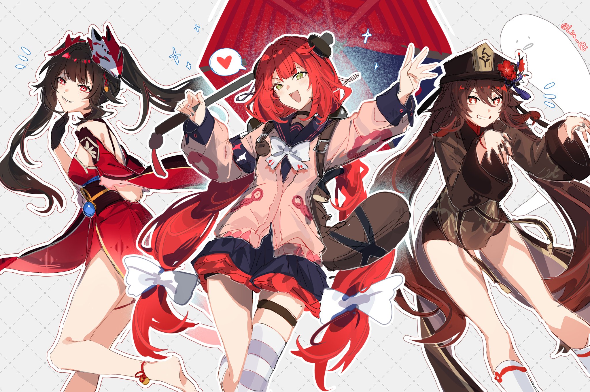 c ixxp, hu tao (genshin impact), kamanosuke (zenless zone zero), sparkle (honkai: star rail), ukinami yuzuha, genshin impact, honkai: star rail, honkai (series), mihoyo, zenless zone zero, highres, 3girls, barefoot, black choker, black hat, black nails, black sash, black shorts, bow, bowtie, butterfly-shaped pupils, cardigan, chest bow, chinese clothes, choker, coattails, dress, flower, flower-shaped pupils, fox mask, ghost, ghost pose, gloves, hat, hat flower, hat tassel, jewelry, mark under both eyes, mask, mask on head, multiple girls, multiple rings, one-piece swimsuit, pink cardigan, pink one-piece swimsuit, plum blossoms, porkpie hat, red dress, red hair, red sleeves, ring, sash, shorts, simple background, single glove, socks, swimsuit, symbol-shaped pupils, tailcoat, thigh strap, white bow, white bowtie, white socks