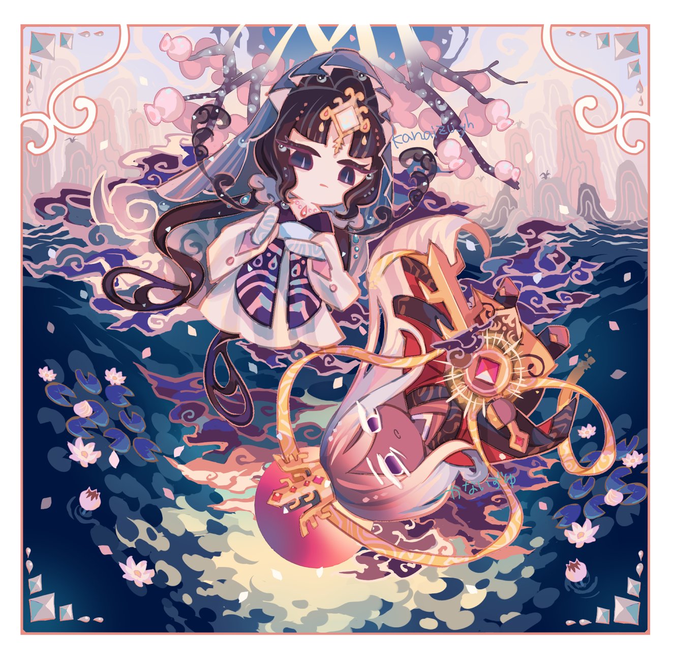 kanaizu yh, mystic flour cookie, cookie run, cookie run: kingdom, alt text, commentary, english commentary, highres, 1boy, 1girl, absurdly long hair, artist name, barefoot, black hair, blue eyes, blue sky, border, bright pupils, brown border, closed mouth, colored skin, dark-skinned male, dark cacao cookie (dusk of silence), dark skin, flower, gradient hair, holding, holding sword, holding weapon, japanese clothes, jewelry, kimono, lily pad, long hair, long skirt, long sleeves, looking at another, lotus, multicolored hair, mystic flour cookie (morning dew of apathy), necklace, no pupils, official alternate costume, official alternate hair color, outdoors, parted lips, pink flower, purple eyes, red kimono, sidelocks, simple background, skirt, sky, slit pupils, straight hair, sword, very long hair, water, wavy hair, weapon, white hair, white skin, white skirt, wide sleeves