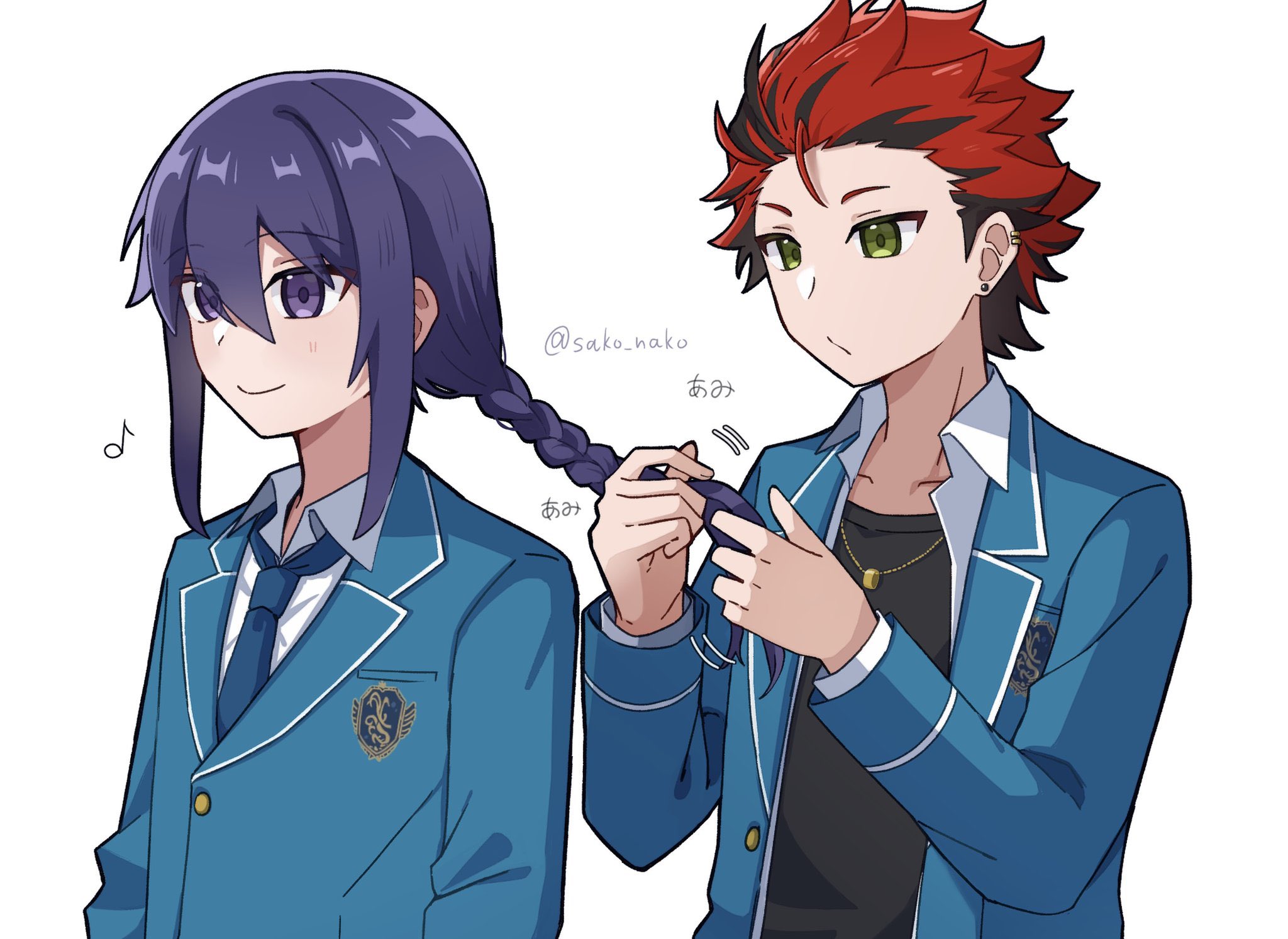 kanzaki souma, kiryu kuro, ensemble stars!, highres, 2boys, black hair, black shirt, blue necktie, braid, braiding another's hair, closed mouth, collarbone, e7fe97lnor97074, earrings, gold necklace, green eyes, hair between eyes, hair slicked back, jewelry, long hair, long sleeves, male focus, motion lines, multicolored hair, multiple boys, multiple earrings, musical note, necklace, necktie, open clothes, open shirt, purple eyes, purple hair, red hair, school uniform, shirt, short hair, sidelocks, simple background, single braid, smile, spiked hair, two-tone hair, upper body, white background, white shirt, yumenosaki school uniform