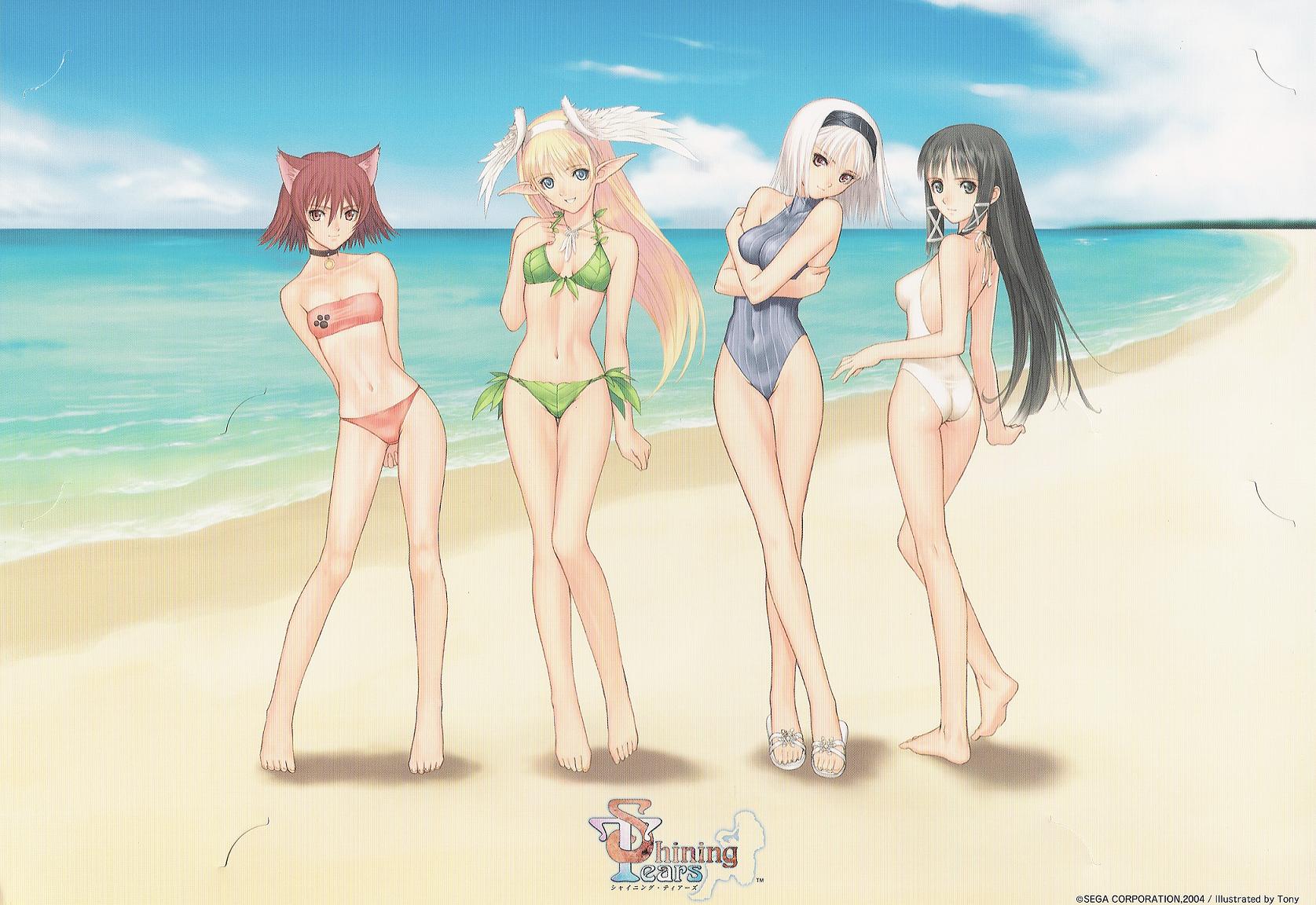 tony taka, blanc neige, elwing, mao (shining tears), ryuna, ryuuna (shining tears), sega, shining (series), shining tears, breast hold, highres, official art, scan, scan artifacts, 4girls, albino, animal ears, arms behind back, ass, back, backless outfit, bandeau, barefoot, beach, bikini, black eyes, black hair, blonde hair, blue eyes, blue one-piece swimsuit, bob cut, breasts, breasts apart, casual one-piece swimsuit, cat ears, choker, cloud, contrapposto, copyright name, covered navel, crossed arms, crossed legs, dated, day, elf, fake wings, feathers, feet, from behind, front-tie bikini top, front-tie top, green bikini, grey eyes, grin, hair between eyes, hair ribbon, hairband, halterneck, hand on own chest, head tilt, head wings, hug, jewelry, kneepits, leaf bikini, leaning, legs, lineup, long hair, long legs, long pointy ears, looking at viewer, multiple girls, narrow waist, navel, necklace, ocean, one-piece swimsuit, outdoors, own hands clasped, own hands together, parted bangs, paw print, pendant, pinstripe pattern, pointy ears, red bikini, red eyes, red hair, ribbon, sandals, self hug, shadow, short hair, side-tie bikini bottom, sidelocks, sitting, sky, small breasts, smile, soles, standing, striped bikini, striped clothes, swimsuit, take your pick, thigh gap, tiptoes, tress ribbon, vertical-striped bikini, vertical-striped clothes, very long hair, water, watson cross, white hair, white one-piece swimsuit, wide hips, wings