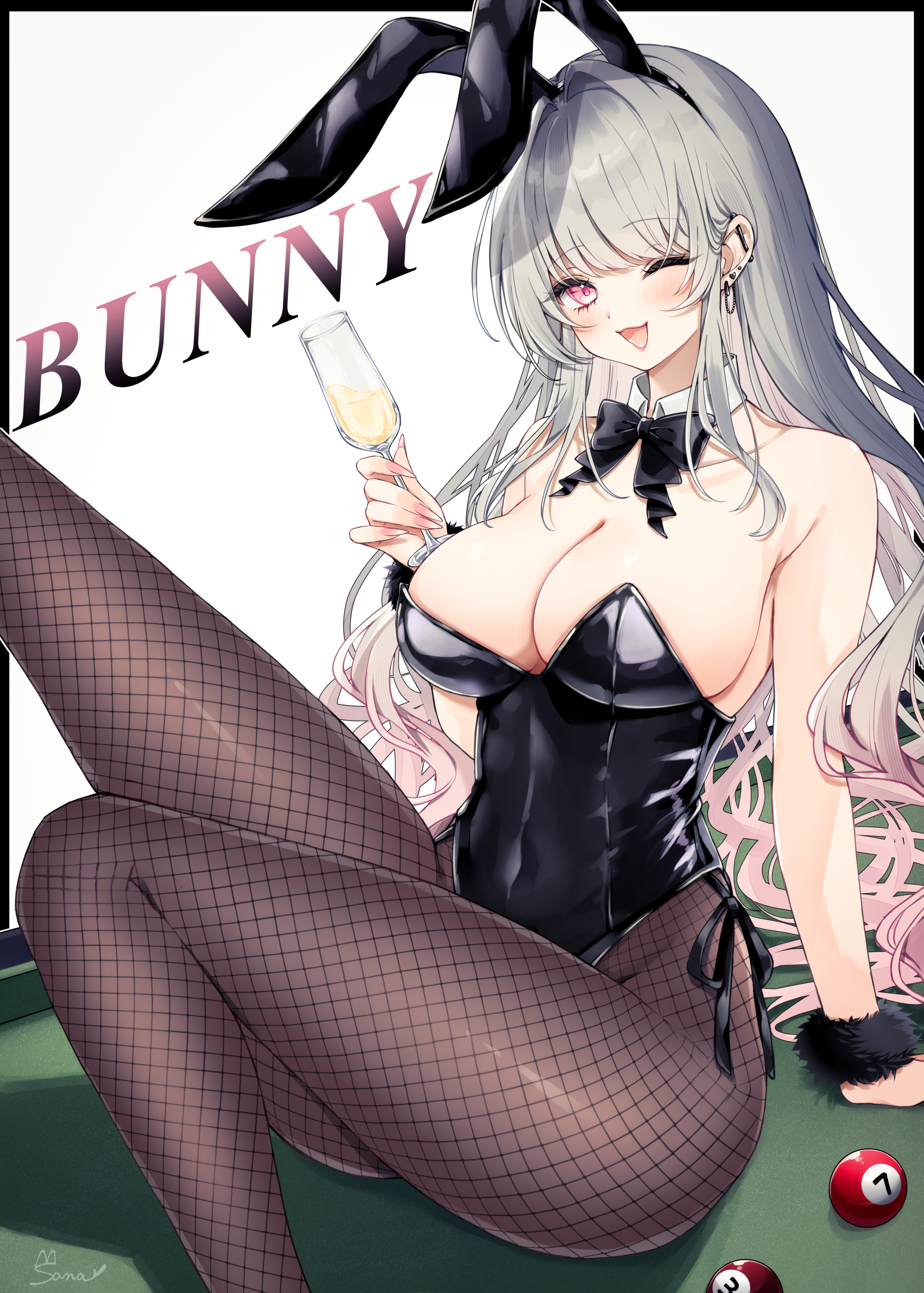 sana (sanamaru 0w0), original, absurdres, highres, 1girl, ;d, alcohol, animal ears, ball, billiard ball, black bow, black bowtie, black leotard, black pantyhose, bow, bowtie, breasts, champagne, cleavage, cup, detached collar, drinking glass, ear piercing, fake animal ears, fishnet pantyhose, fishnets, fur wrist cuffs, gradient hair, grey hair, holding, holding cup, large breasts, leotard, long hair, multicolored hair, one eye closed, open mouth, pantyhose, piercing, pink eyes, pink hair, playboy bunny, pool table, rabbit ears, signature, smile, solo, table, wrist cuffs