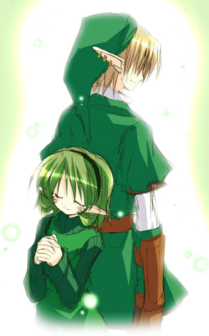 satou kibi, link, saria (zelda), nintendo, the legend of zelda, the legend of zelda: ocarina of time, 1boy, 1girl, back-to-back, blonde hair, closed eyes, ear piercing, earrings, gloves, green hair, hairband, height difference, jewelry, piercing, pointy ears, short hair