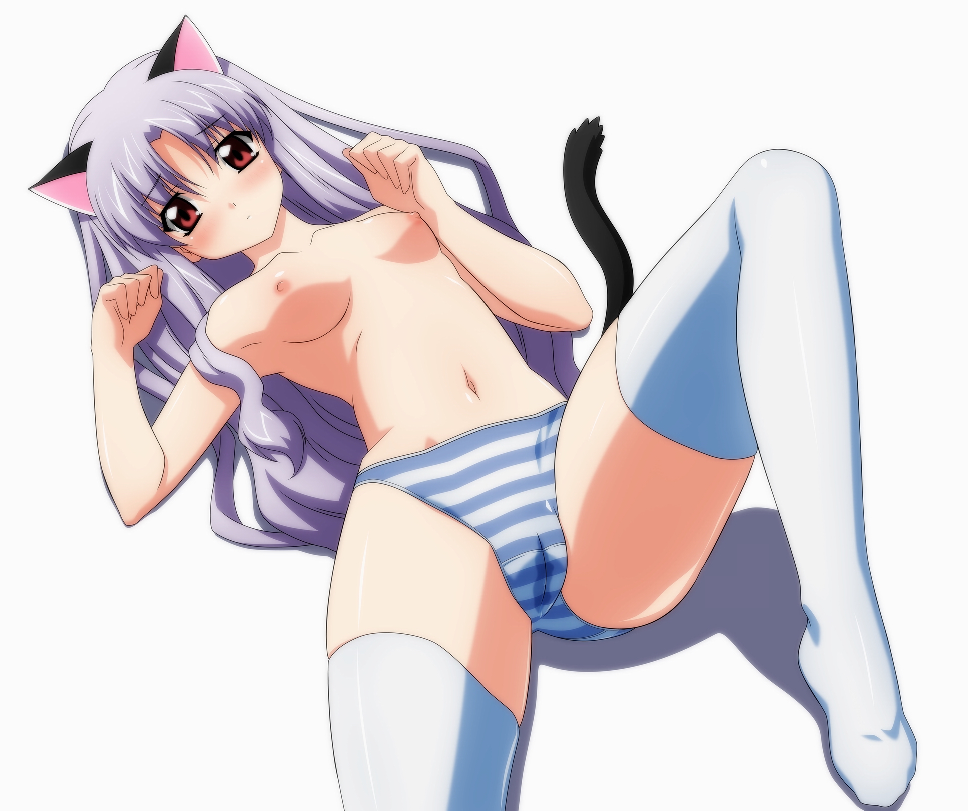 sugimura tomokazu, azmaria hendric, chrno crusade, white legwear, highres, animal ears, blue panties, blush, breasts, cameltoe, cat ears, cat tail, flat chest, loli, long hair, lying, navel, nipples, no bra, on back, panties, paw pose, petite, purple hair, pussy juice, red eyes, solo, spread legs, striped clothes, striped panties, tail, thighhighs, topless female, underwear, underwear only, wet, wet clothes, wet panties