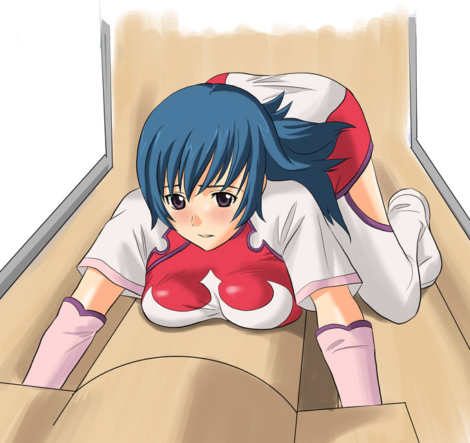 toshibou (satsukisou), kotona elegance, zoids, zoids genesis, 00s, 1girl, all fours, blue hair, blush, boots, breast press, breasts, brown eyes, dress, female focus, large breasts, long hair, parted lips, red dress, side slit, solo, thighhighs, white boots