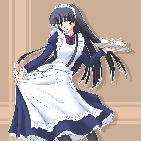 kusakabe yuuki (to heart 2), to heart (series), to heart 2, 00s, 1girl, alternate costume, blunt bangs, cup, enmaided, female focus, long hair, long sleeves, maid, maid headdress, pantyhose, solo, teacup