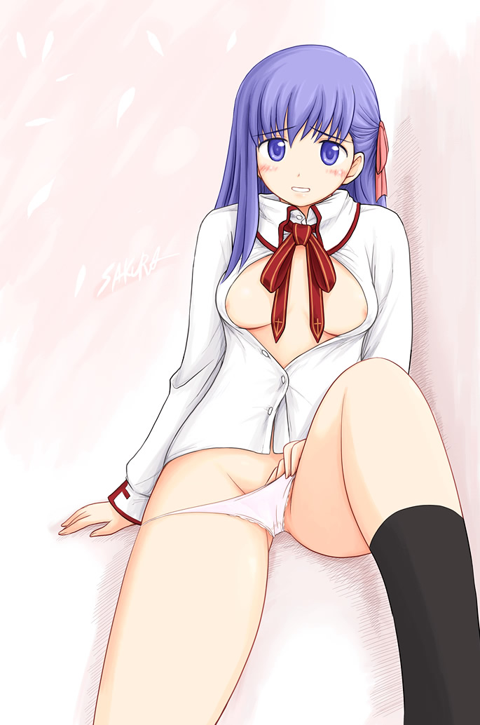 ryp, matou sakura, fate/stay night, fate (series), 00s, 1girl, arm support, black socks, blue eyes, blue hair, blush, bow, breasts, cleavage, dress shirt, female focus, hair ribbon, long hair, matching hair/eyes, medium breasts, nipples, no pants, open clothes, open shirt, panties, ribbon, shirt, sitting, socks, solo, underwear, white panties