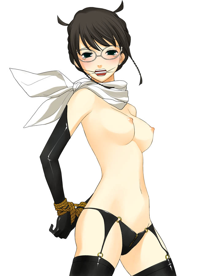 a1 (initial-g), nakajima sanae, sumomomo momomo, 00s, 1girl, arms behind back, bdsm, black gloves, black hair, black thighhighs, bondage, bound, breasts, cowboy shot, elbow gloves, female focus, gag, gagged, garter belt, garter straps, glasses, gloves, green eyes, lingerie, looking at viewer, medium breasts, navel, neckerchief, nipples, o-ring, o-ring bottom, panties, rope, scarf, short hair, simple background, solo, tears, thighhighs, topless female, underwear, white background