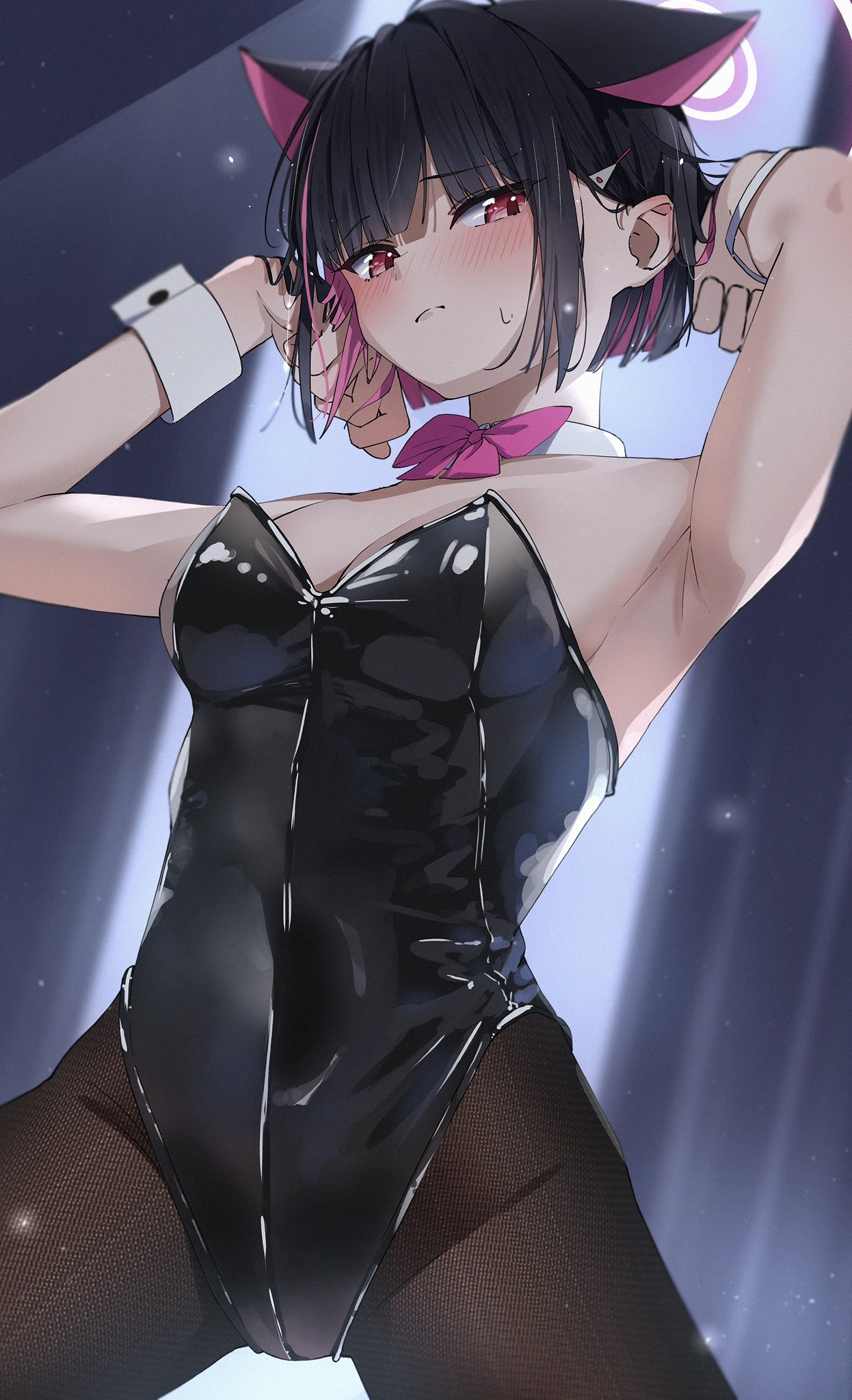 kazu (kauk3753), kazusa (blue archive), blue archive, commentary request, highres, 1girl, animal ears, black hair, black leotard, black pantyhose, blush, bow, bowtie, breasts, bunny day, cat ears, cat girl, cleavage, colored inner hair, detached collar, halo, leotard, medium breasts, multicolored hair, pantyhose, pink bow, pink bowtie, pink eyes, pink hair, pink halo, short hair, solo, sweatdrop, wrist cuffs