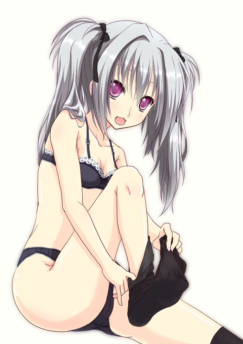 karukan (karukann), elena olegovna owen, dracu-riot!, commentary request, highres, 1girl, :d, black bow, black bra, black panties, black ribbon, black thighhighs, bow, bra, breasts, cleavage, eyebrows hidden by hair, feet, foot out of frame, gluteal fold, grey hair, hair between eyes, hair bow, hair intakes, hair over shoulder, hair ribbon, knee up, light blush, long hair, looking at viewer, lower teeth only, medium breasts, no shoes, open mouth, panties, pulling own clothes, purple eyes, ribbon, sidelocks, simple background, sitting, smile, soles, solo, teeth, thighhighs, thighhighs pull, thighs, twintails, underwear, underwear only, undressing, white background