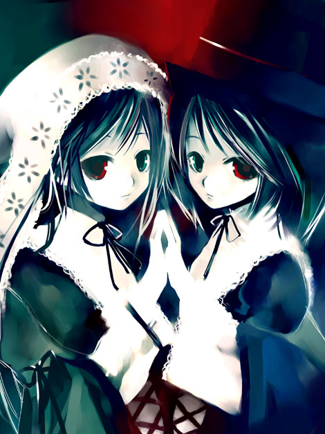 kei (keigarou), souseiseki, suiseiseki, rozen maiden, 00s, 2girls, collar, dress, expressionless, green eyes, hat, headscarf, heterochromia, holding hands, long sleeves, looking at viewer, multiple girls, red eyes, ribbon, siblings, sisters, swept bangs, top hat, twins, upper body, veil, white headscarf