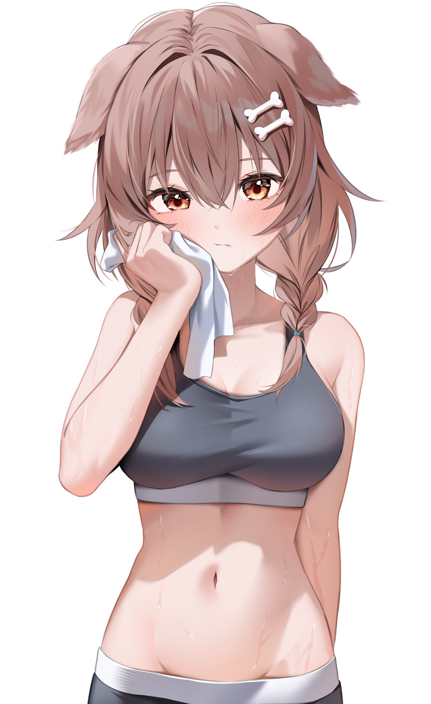 shuvi (shuvi1125), inugami korone, hololive, absurdres, commentary request, highres, 1girl, animal ears, arm at side, blush, breasts, brown eyes, brown hair, cleavage, closed mouth, collarbone, crossed bangs, dog ears, expressionless, grey panties, grey sports bra, groin, hair between eyes, hand up, holding, holding towel, large breasts, long hair, looking at viewer, low-braided long hair, low-tied long hair, low twintails, navel, panties, simple background, solo, sports bra, sports panties, standing, stomach, straight-on, sweat, towel, twintails, underwear, underwear only, upper body, virtual youtuber, white background, wiping face, wiping sweat
