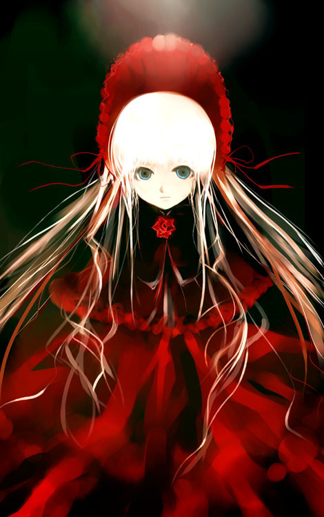 kei (keigarou), shinku, rozen maiden, 00s, 1girl, black background, blonde hair, blue eyes, bonnet, female focus, red theme, solo