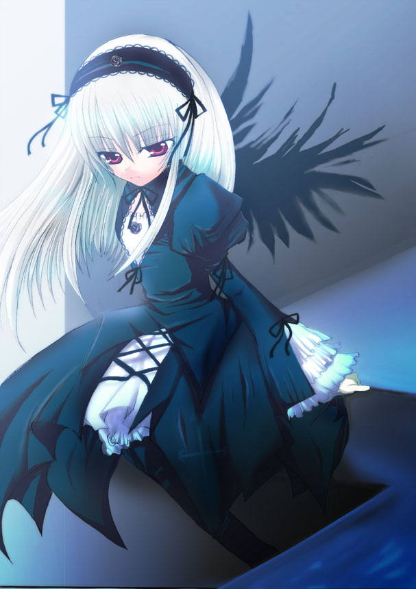 eima hiyou, suigintou, rozen maiden, silver hair, 00s, 1girl, black boots, boots, dress, female focus, gothic lolita, lolita fashion, long hair, purple eyes, solo