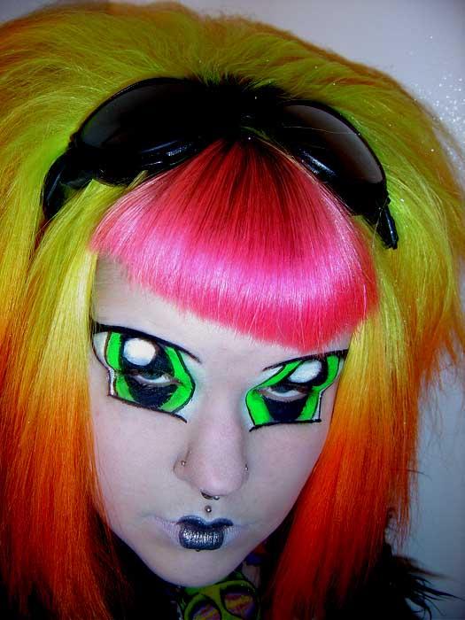 photo (medium), 1girl, close-up, cosplay, face piercing, facepaint, female focus, half-closed eyes, lipstick, looking at viewer, makeup, multicolored hair, nose piercing, piercing, solo, sunglasses, what, wig