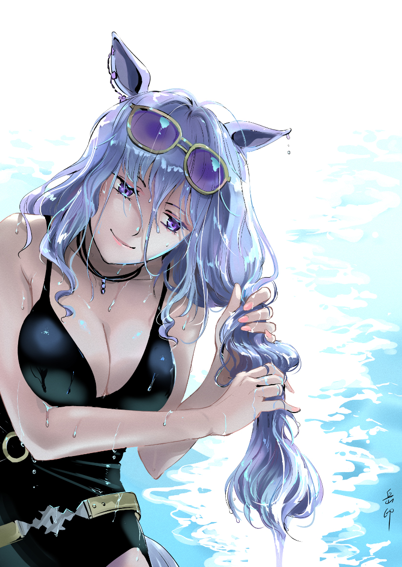 yue yin, gold ship (run revolt launcher) (umamusume), gold ship (umamusume), umamusume, 1girl, animal ears, bare arms, bare shoulders, black choker, breasts, choker, cleavage, closed mouth, eyewear on head, from side, grey hair, hair between eyes, holding, holding own hair, horse ears, horse girl, horse tail, large breasts, long hair, pink nails, purple-tinted eyewear, purple eyes, smile, solo, sunglasses, tail, tinted eyewear
