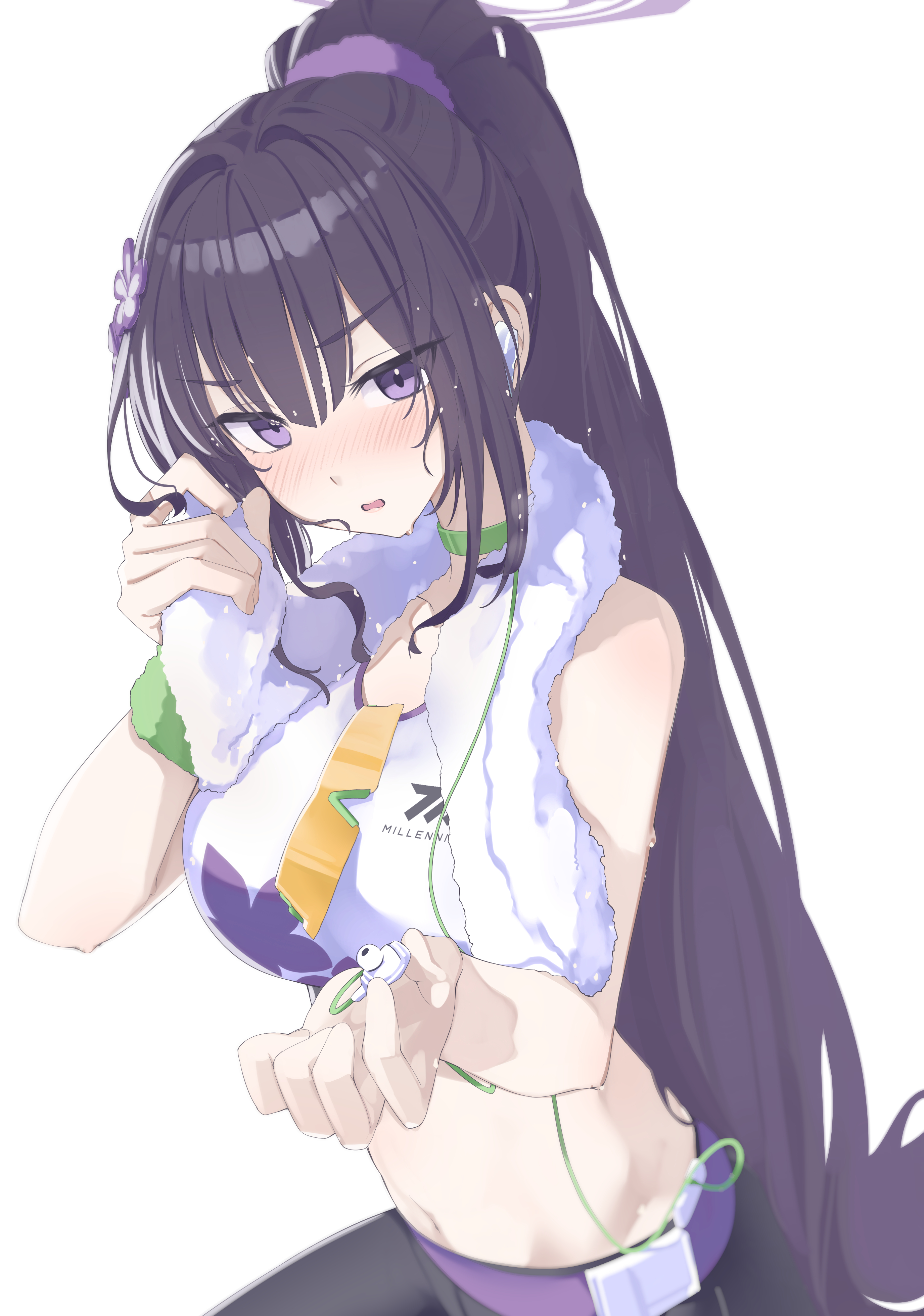 tamagore, sumire (blue archive), blue archive, absurdres, highres, 1girl, bare shoulders, black hair, breasts, halo, large breasts, navel, ponytail, purple eyes, purple halo, simple background, solo, sunglasses, thighs, towel, towel around neck, white background