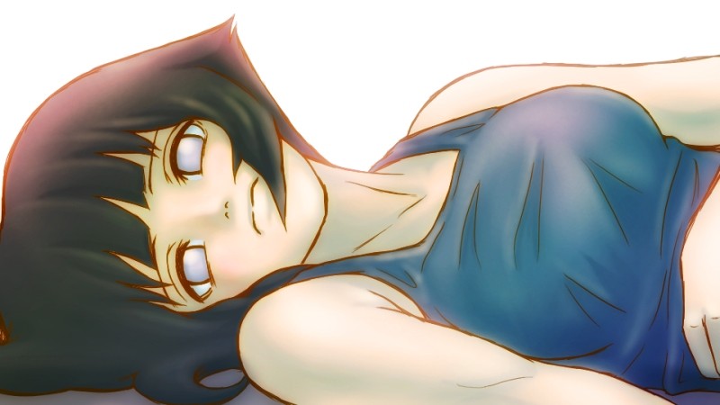 hyuuga hinata, naruto (classic), naruto (series), artist request, 1girl, black hair, collarbone, expressionless, female focus, hand on own stomach, looking at viewer, lying, purple eyes, short hair, simple background, solo, swimsuit, white background, white eyes