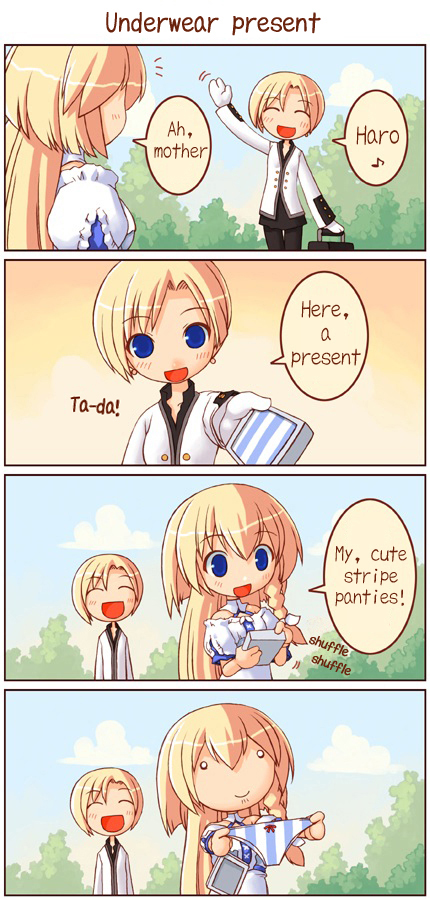 shigatake, mariaver curio, sie curio, sincere, hard-translated, third-party edit, translated, 2girls, 4koma, blonde hair, blue eyes, blue panties, bow, bow panties, comic, gift, multiple girls, panties, striped clothes, striped panties, underwear, vertical-striped clothes, vertical-striped panties