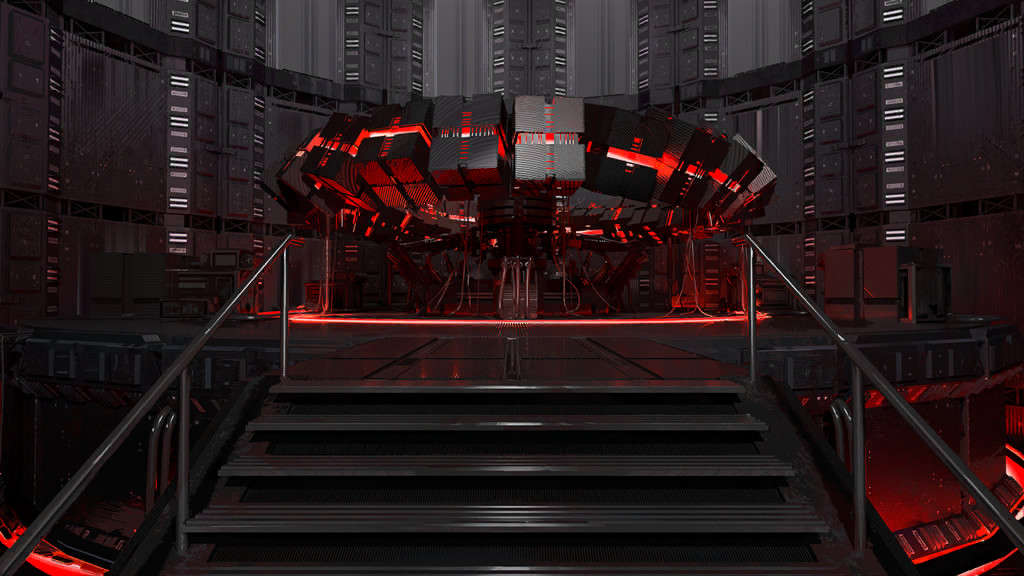 arknights, game cg, official art, third-party source, black theme, glowing, indoors, limited palette, machinery, no humans, pcs system (arknights), railing, red theme, server room, stairs, underground