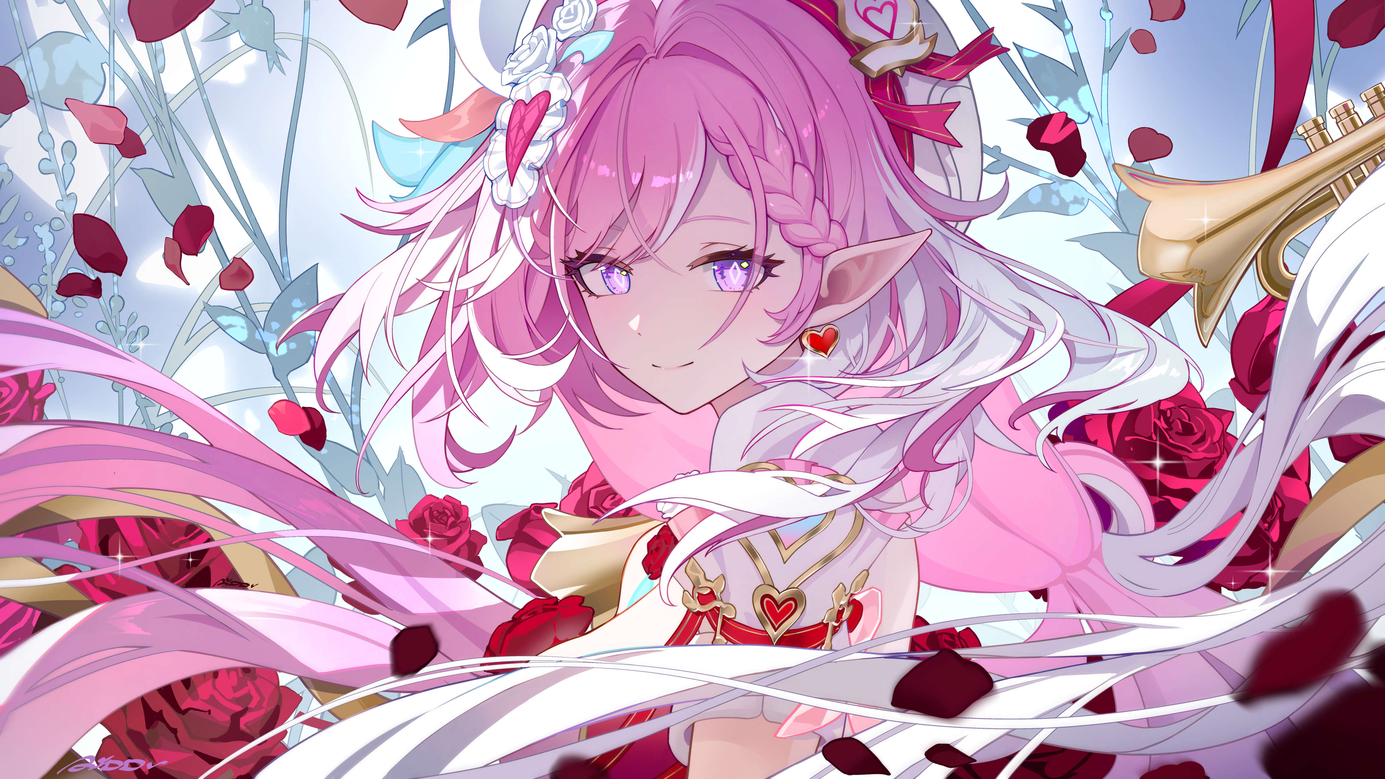 ai dongdong, elysia (honkai impact), honkai (series), honkai impact 3rd, absurdres, highres, 1girl, diamond-shaped pupils, diamond (shape), dress, earrings, elf, falling petals, flower, hat, heart, heart earrings, instrument, jewelry, long hair, looking at viewer, multicolored hair, petals, pink hair, pointy ears, purple eyes, red flower, red rose, rose, smile, solo, symbol-shaped pupils, trumpet, two-tone hair, very long hair, white dress, white hair, white hat