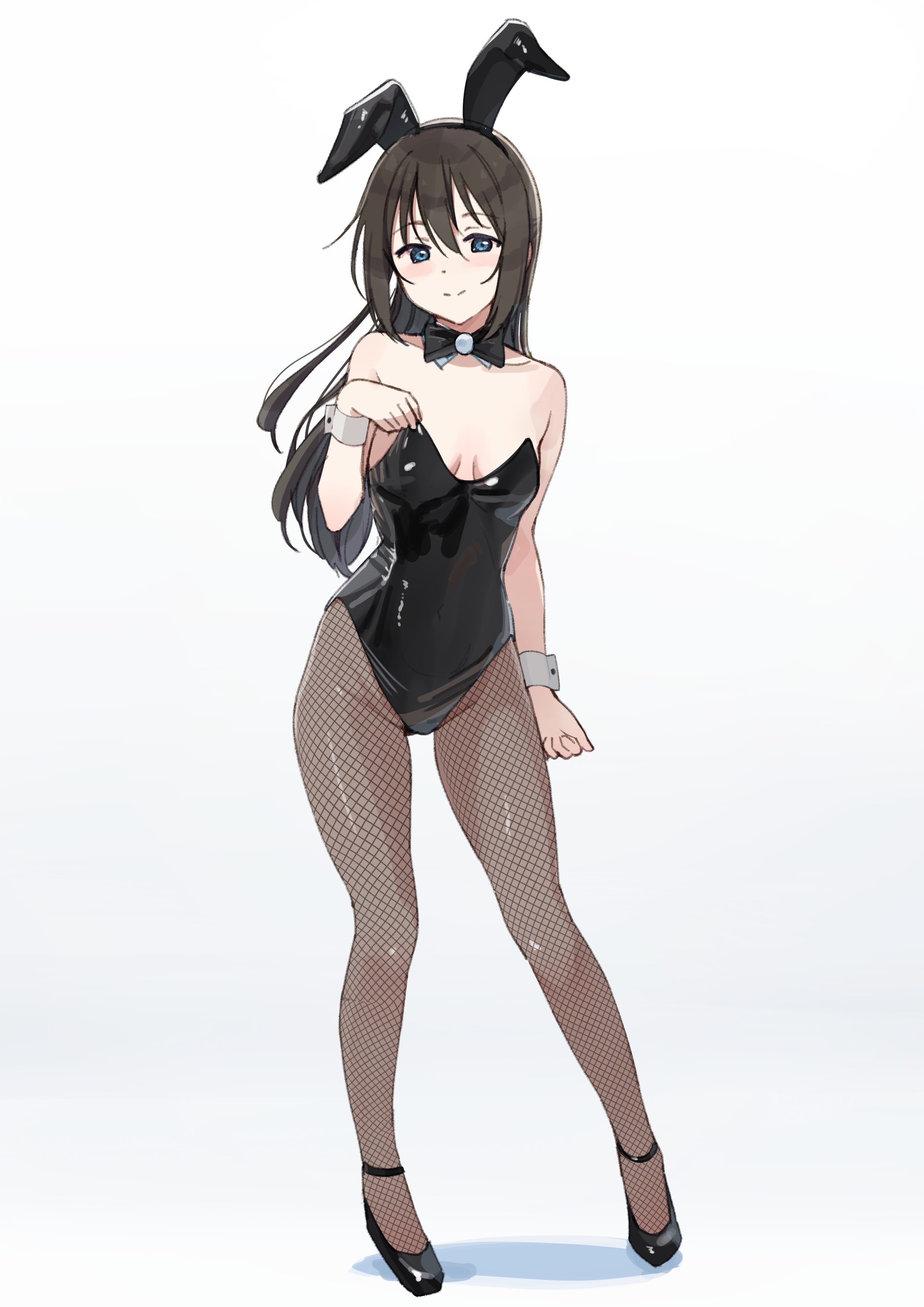 tata (tataice), osaka shizuku, love live!, love live! nijigasaki high school idol club, absurdres, commentary request, highres, 1girl, adjusting clothes, adjusting leotard, animal ears, black bow, black bowtie, black leotard, blue eyes, blush, bow, bowtie, breasts, brown hair, cleavage, closed mouth, detached collar, fake animal ears, fishnet pantyhose, fishnets, full body, hair between eyes, high heels, leotard, long hair, looking at viewer, medium breasts, pantyhose, playboy bunny, rabbit ears, smile, solo, split mouth, standing, strapless, strapless leotard, white background, wrist cuffs