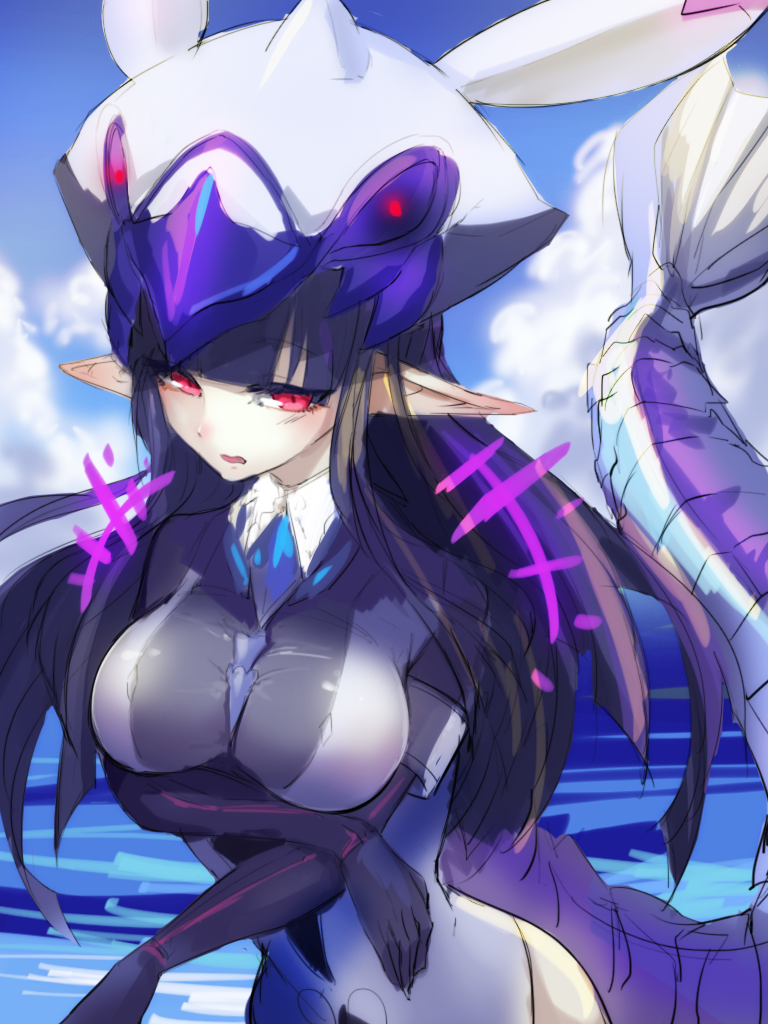 emil chronicle online, 1girl, black hair, bodysuit, breasts, hat, kemogon, large breasts, large hat, large tail, leviathan (eco), ocean, open mouth, pointy ears, red eyes, solo, tail, white hat