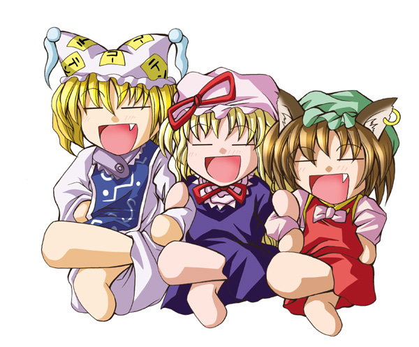 amamizu (myofuu kai), chen, yakumo ran, yakumo yukari, touhou, 3girls, animal ears, animal hat, blonde hair, brown hair, cat ears, cat girl, chibi, chibi only, closed eyes, cossack dance, cossackdance, dancing, earrings, fang, female focus, hat, jewelry, long sleeves, mob cap, multiple girls, open mouth, single earring, tabard