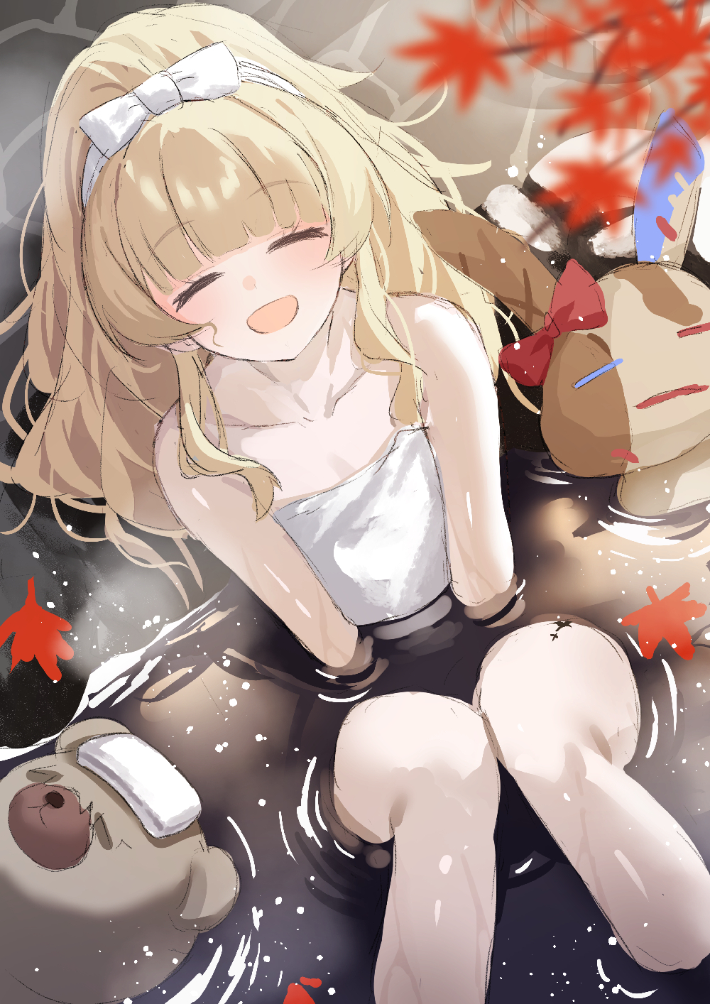 kuramoto beta-carotene, phoebe (wuthering waves), wuthering waves, facing up, commentary request, highres, 1girl, alternate hairstyle, blonde hair, blurry, blurry foreground, bow, closed eyes, collarbone, facing viewer, flat chest, from above, hair bow, knees up, long hair, naked towel, onsen, open mouth, partially submerged, sitting, smile, solo, tacet discord (wuthering waves), tacet mark (wuthering waves), towel, white bow