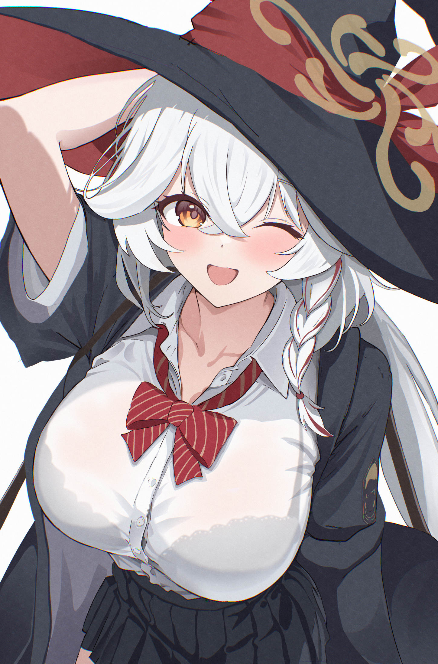 ni tamago sando, eri (blue archive), blue archive, highres, 1girl, ;d, arm up, black skirt, bow, bowtie, bra visible through clothes, braid, breasts, brown eyes, brown halo, crossed bangs, diagonal-striped bow, diagonal-striped bowtie, diagonal-striped clothes, hair between eyes, halo, hat, large breasts, long hair, looking at viewer, miniskirt, one eye closed, open mouth, pleated skirt, red bow, red bowtie, shirt, side braid, simple background, skirt, smile, solo, striped bow, striped bowtie, striped clothes, white background, white shirt, witch hat