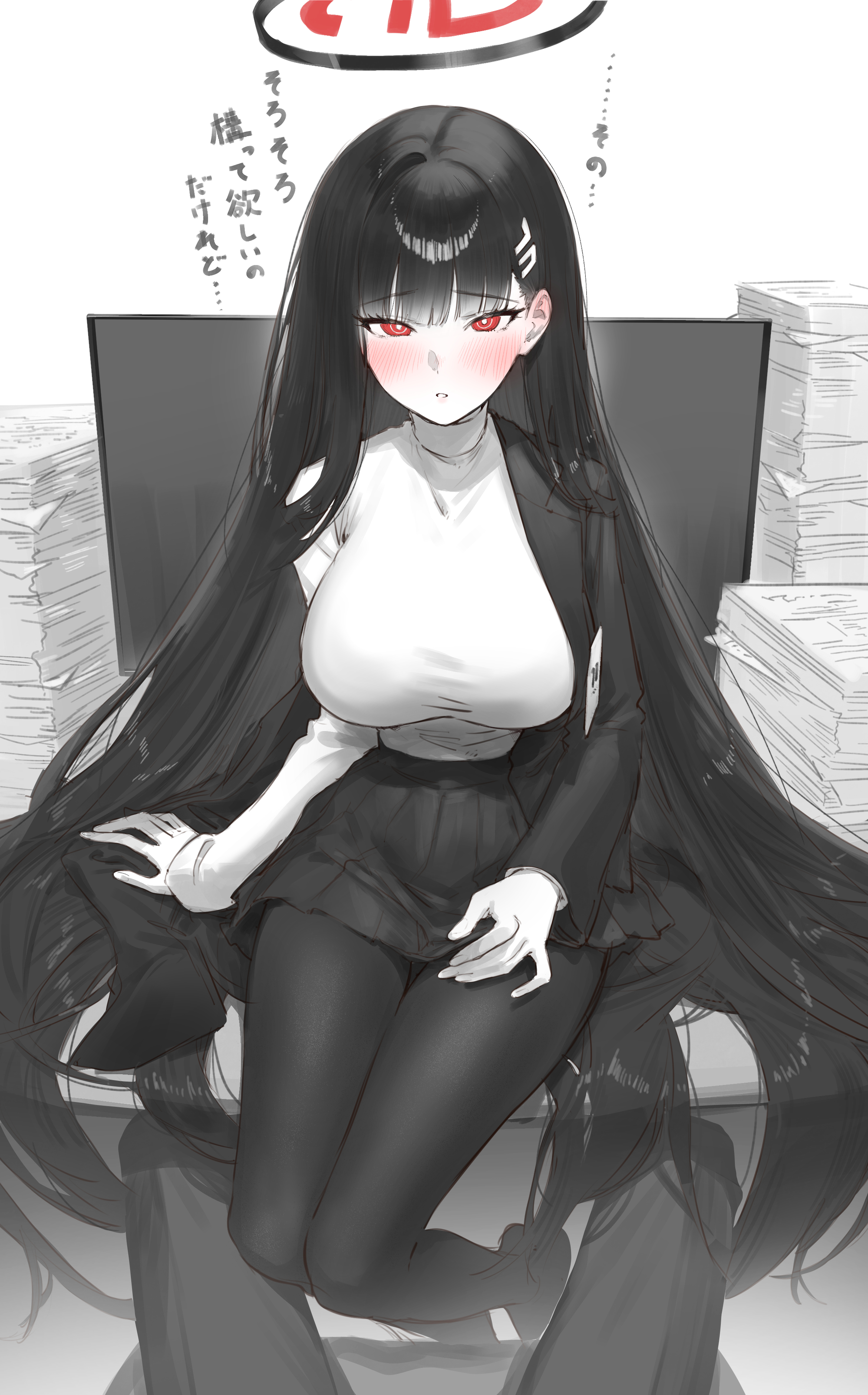 eshineko, rio (blue archive), blue archive, absurdres, highres, 1girl, blunt bangs, blush, breasts, desk, ear blush, halo, jacket, large breasts, long hair, looking at viewer, on desk, pantyhose, parted lips, partially colored, red eyes, red halo, shirt, sitting, skirt, solo, turtleneck, turtleneck shirt